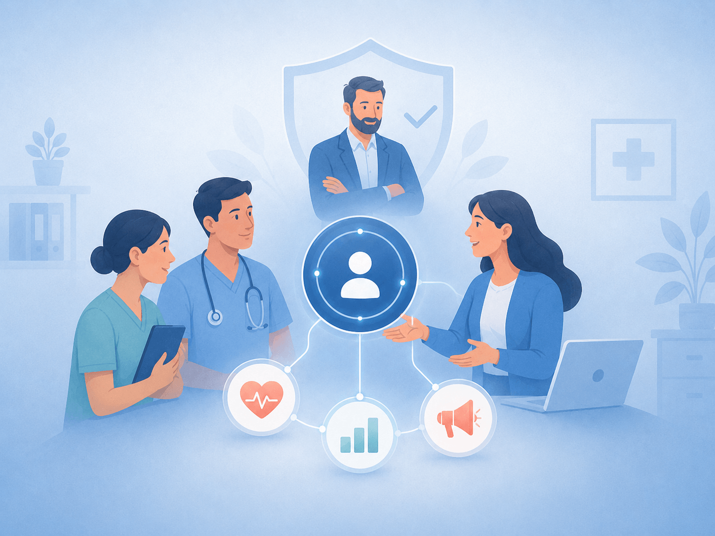 SEO for Healthcare 9 Simple healthcare illustration showing clinic staff, a marketer and an executive gathered around a central CRM system, representing the importance of staff buy-in, cross-department ownership and leadership support for successful CRM adoption.