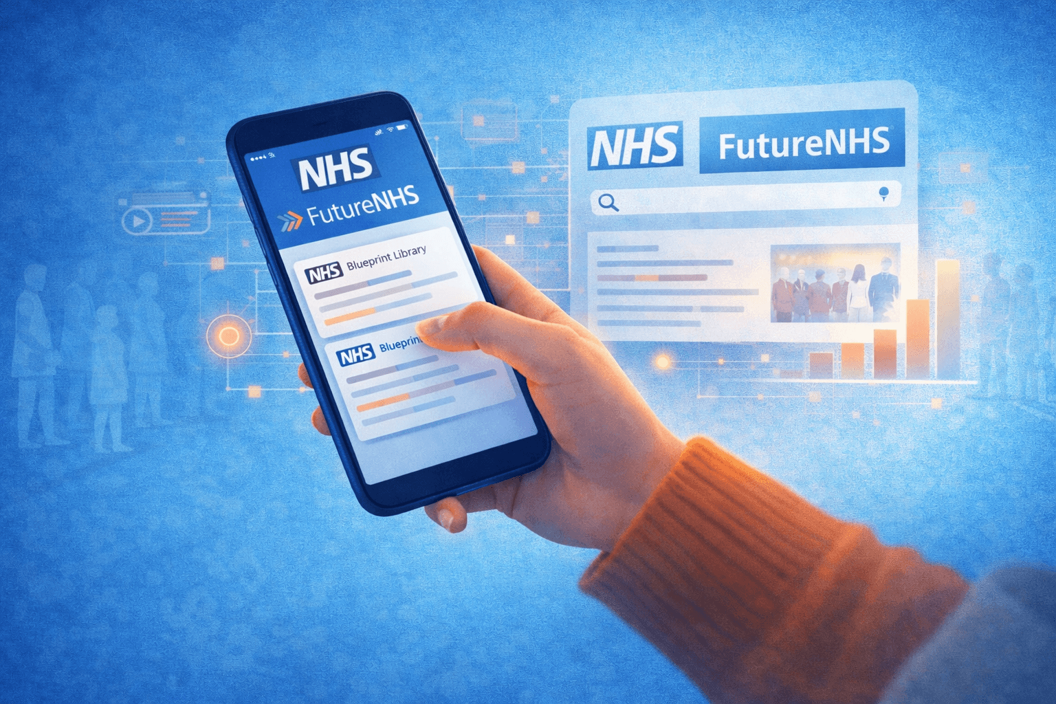 FutureNHS 10 Hand holding a smartphone displaying the FutureNHS platform, with a FutureNHS interface shown in the background