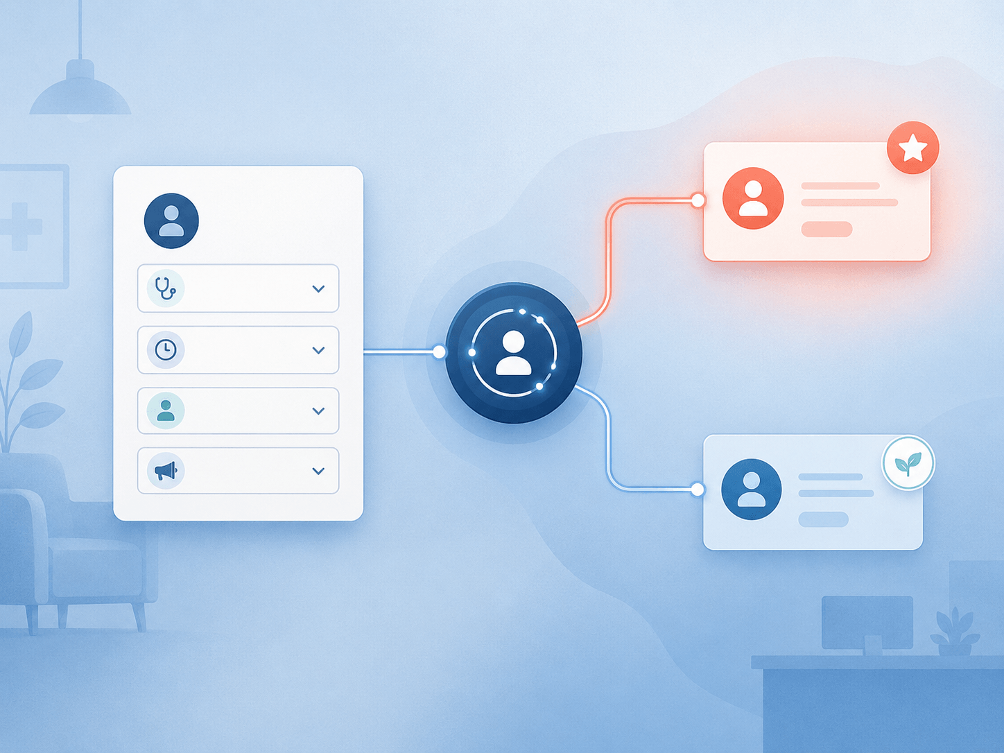 SEO for Healthcare 8 Simple healthcare CRM illustration showing structured patient form fields feeding into a central system, which then routes enquiries into different priority paths for more appropriate follow-up.