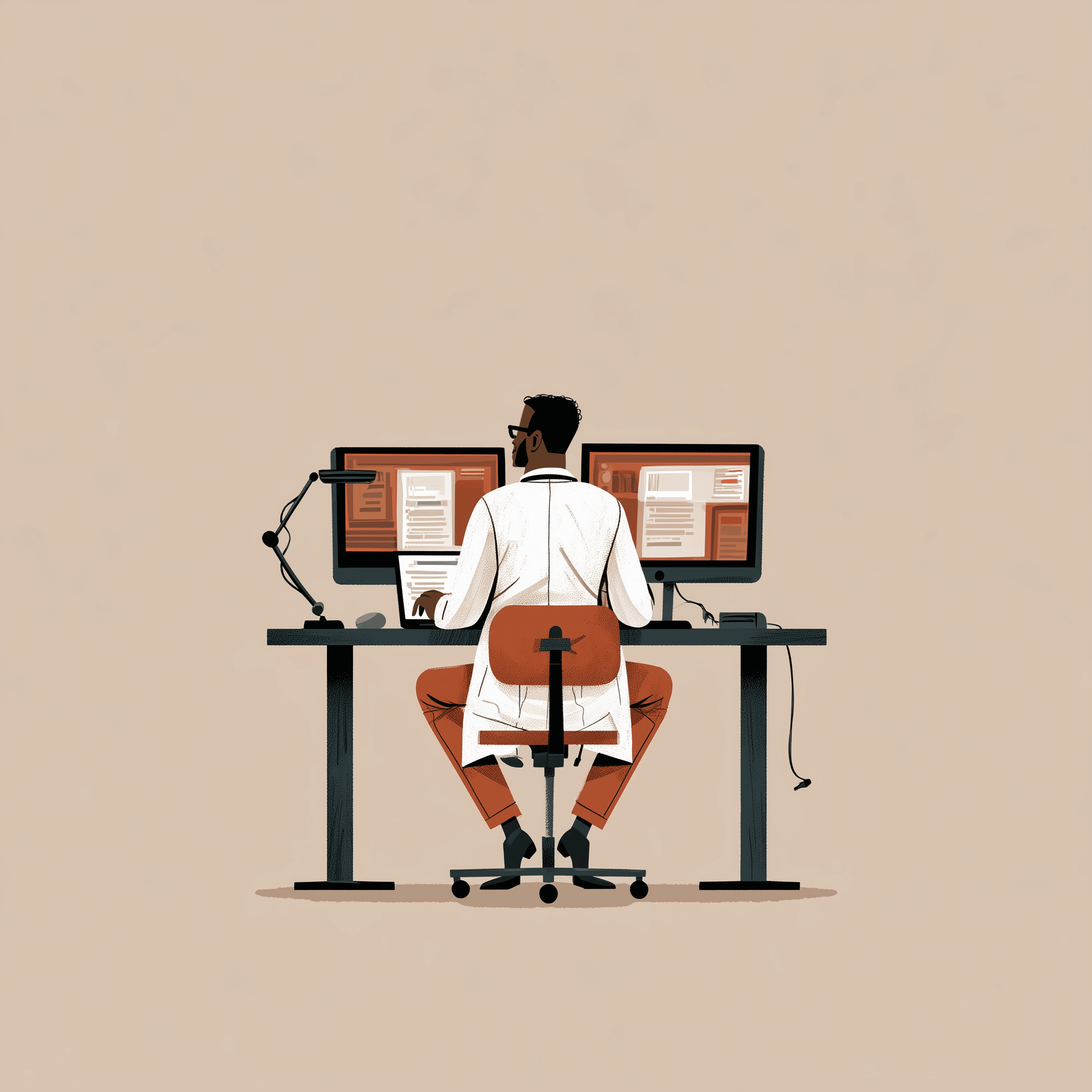 Doctor at his desk reviewing a clinic website on two monitors
