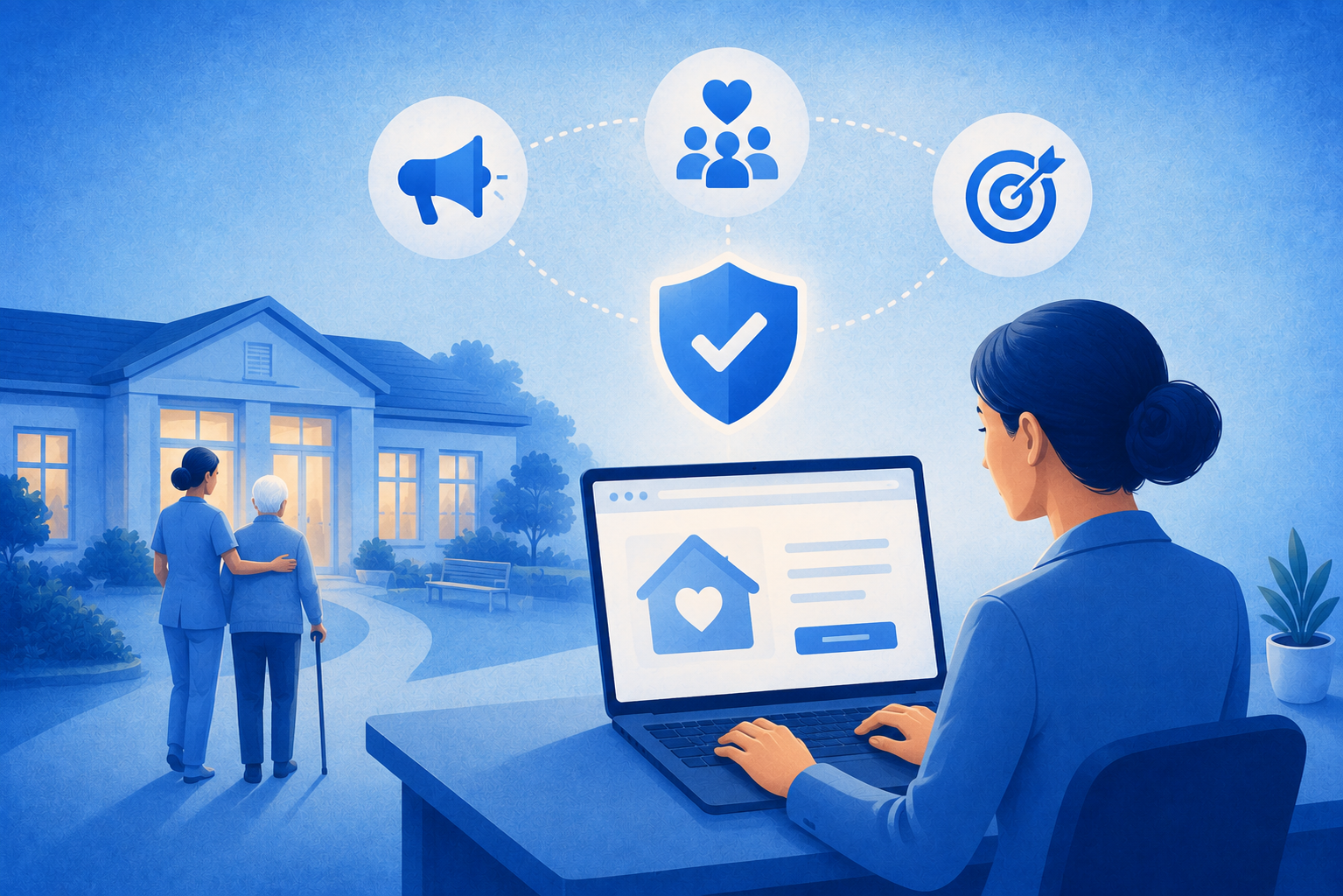 How to Market a Nursing Home Ethically and Effectively in the UK 3 Illustration of ethical nursing home marketing, showing a caregiver supporting an elderly resident, a nursing home, and a marketing professional working on a care-focused website.