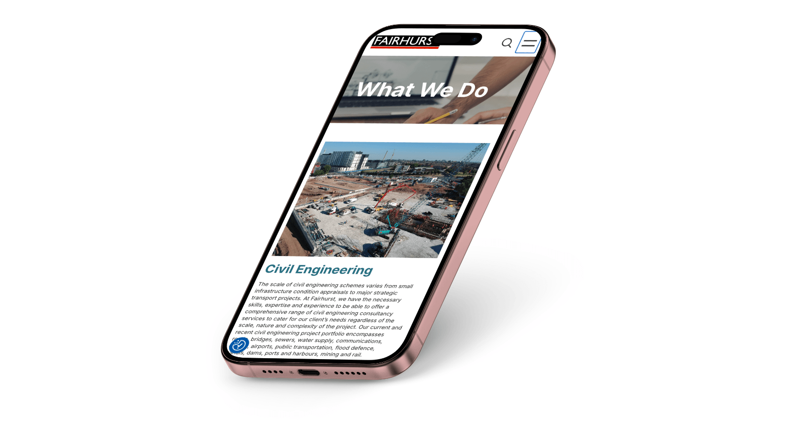 Mockup of a smartphone displaying the Fairhurst mobile What We Do page with a Civil Engineering section and construction site image.