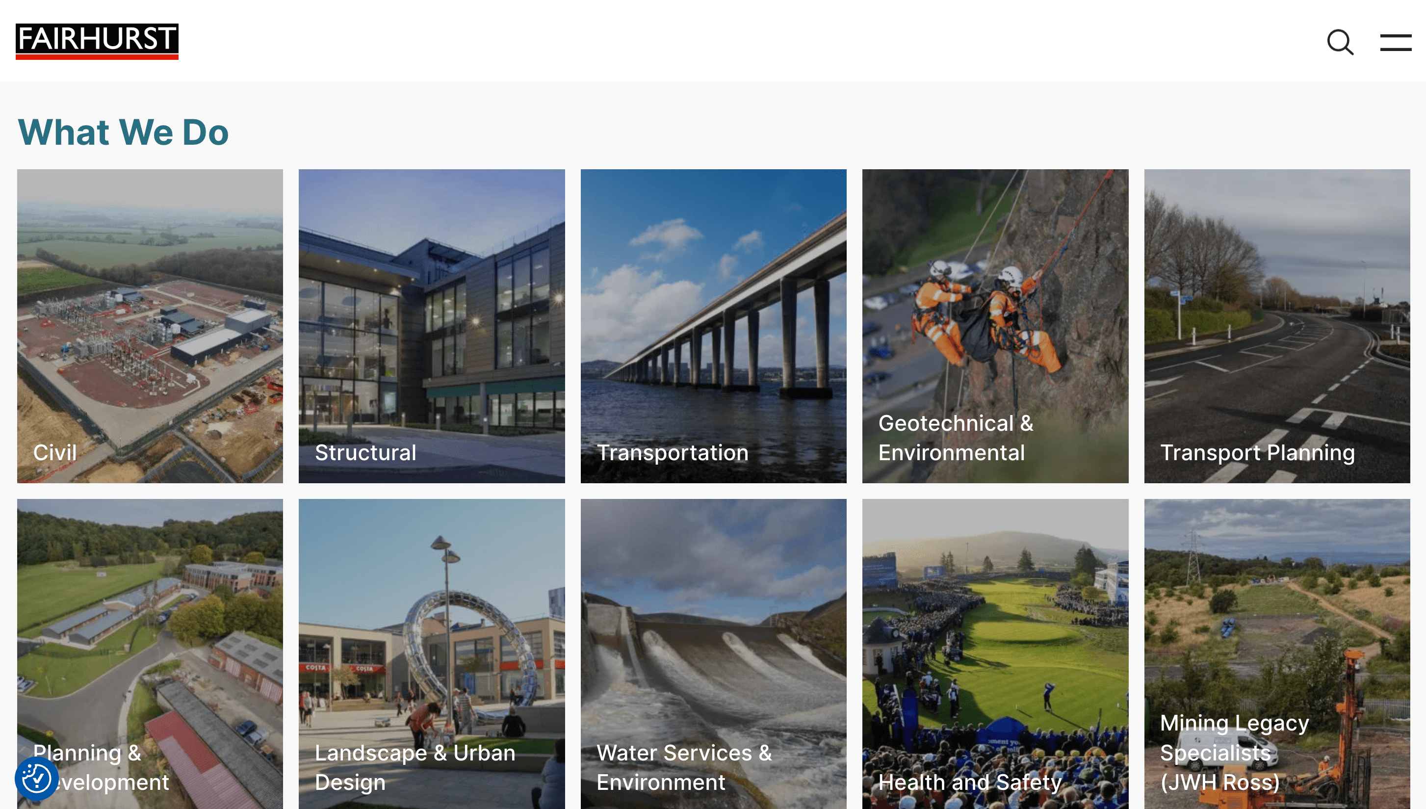 Fairhurst What We Do page showing a grid of engineering service categories including Civil, Structural, Transportation and Environmental