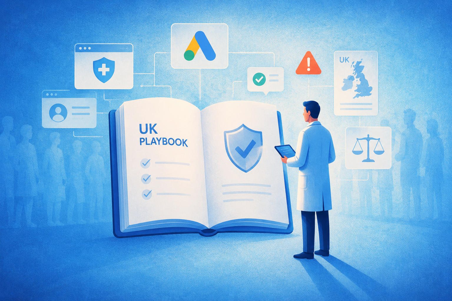 Google Ads Compliance for Healthcare: The UK Playbook 4 Google Ads compliance for healthcare in the UK, illustrated with a doctor reviewing a UK playbook surrounded by healthcare, advertising, safety, and legal compliance icons.