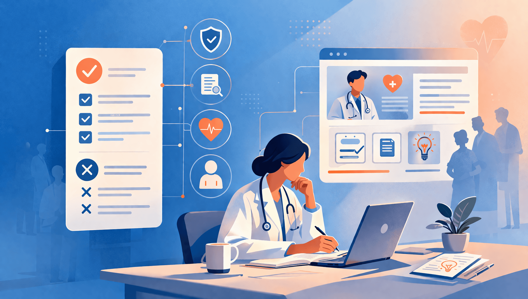 How to Write Healthcare Content That Actually Converts 7 Modern illustration of a healthcare professional creating structured medical content on a laptop, with connected interface elements representing quality, trust, and best practices.