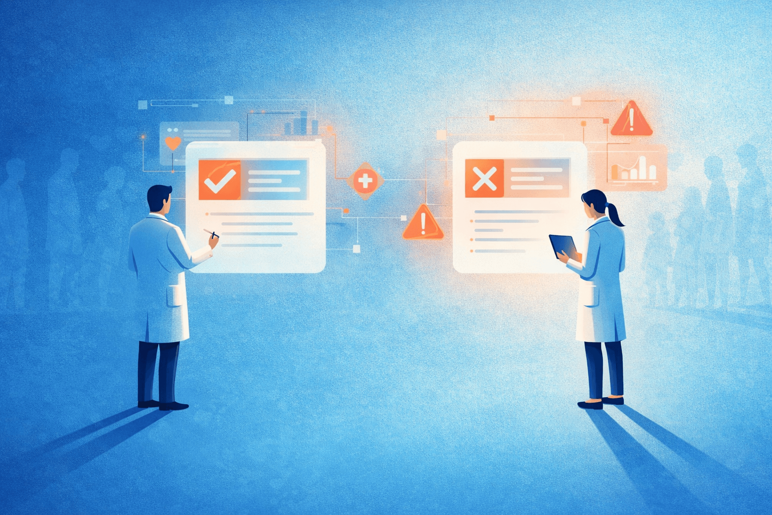 How to Write Healthcare Content That Actually Converts 3 Minimalist illustration of two healthcare professionals reviewing good and poor content practices, with visual indicators of approved and rejected medical content.