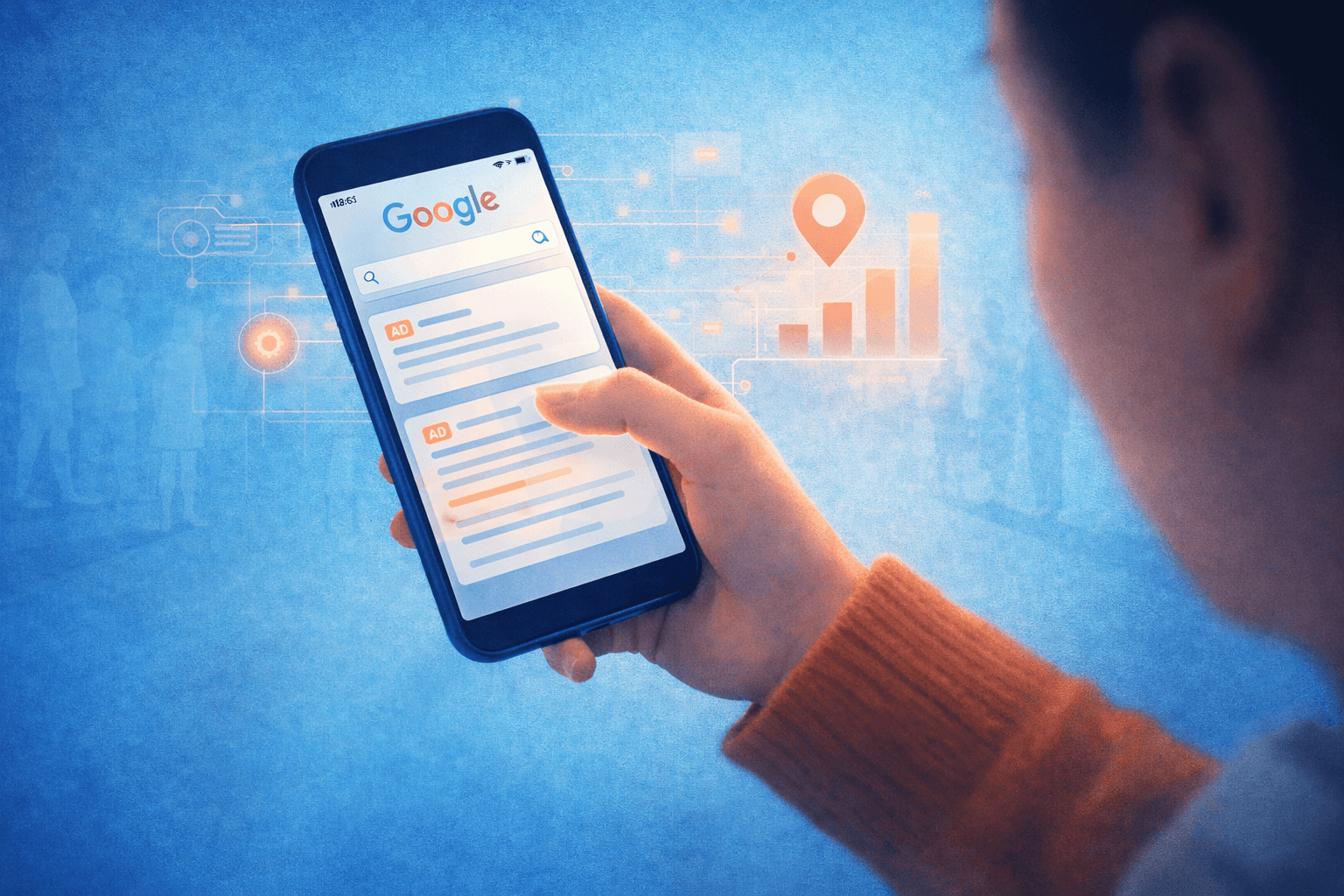 How to Run Healthcare PPC Without Wasting Budget 8 Illustration of a person browsing healthcare PPC ads on a smartphone, showing paid search results and digital performance indicators.