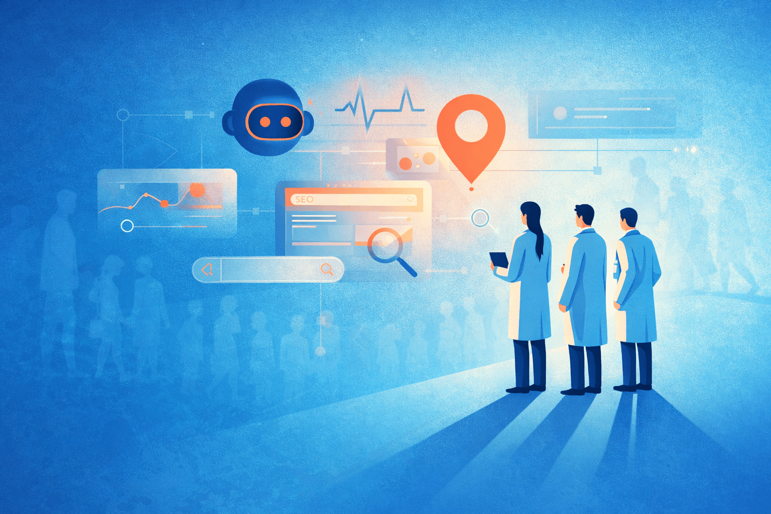 Healthcare SEO in the Age of AI: What's Changing, What Isn't, and What to Do Next 4 Modern digital illustration of healthcare professionals analysing AI-driven search and SEO data with connected interface elements, representing healthcare SEO in the age of AI.