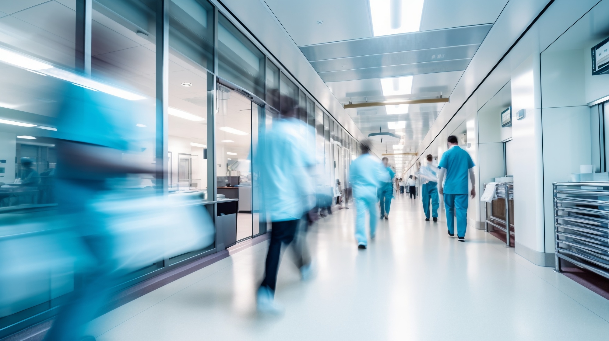 FutureNHS 7 Blurred hospital staff walking through a bright clinical corridor.
