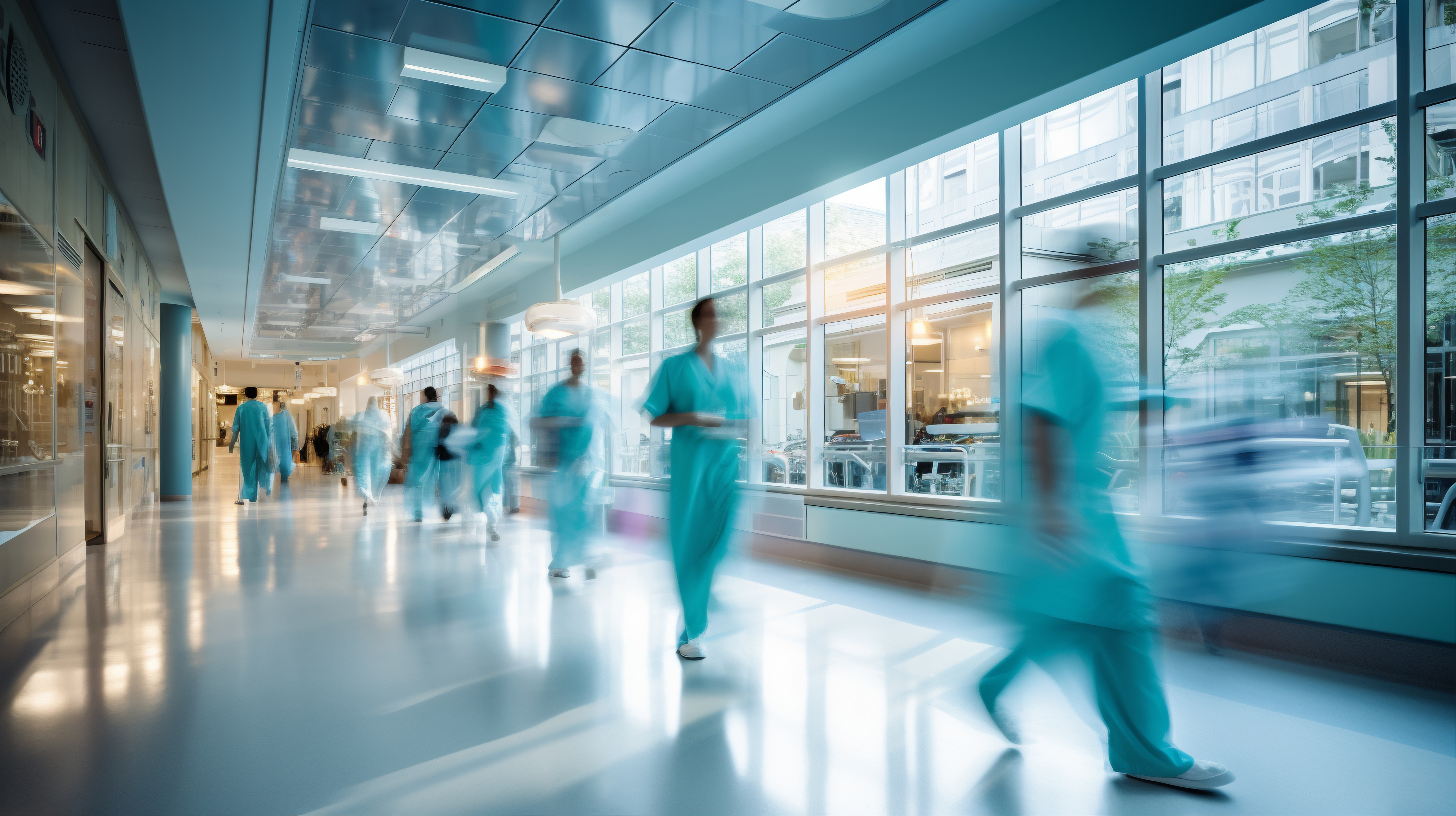 Ezra Mega Case Study 6 Hospital staff moving through a bright hallway with large windows.