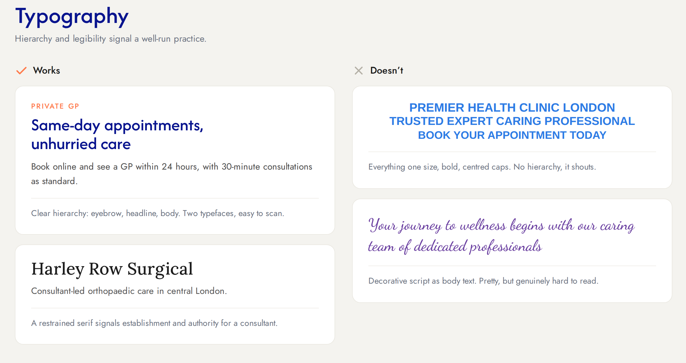 Why Most UK Medical Brands Look Identical (And How to Fix It) 8 Comparison of medical brand typography, showing clear hierarchy with a sans-serif GP example and a restrained serif surgical example against all-caps centred text with no hierarchy and a hard-to-read decorative script.