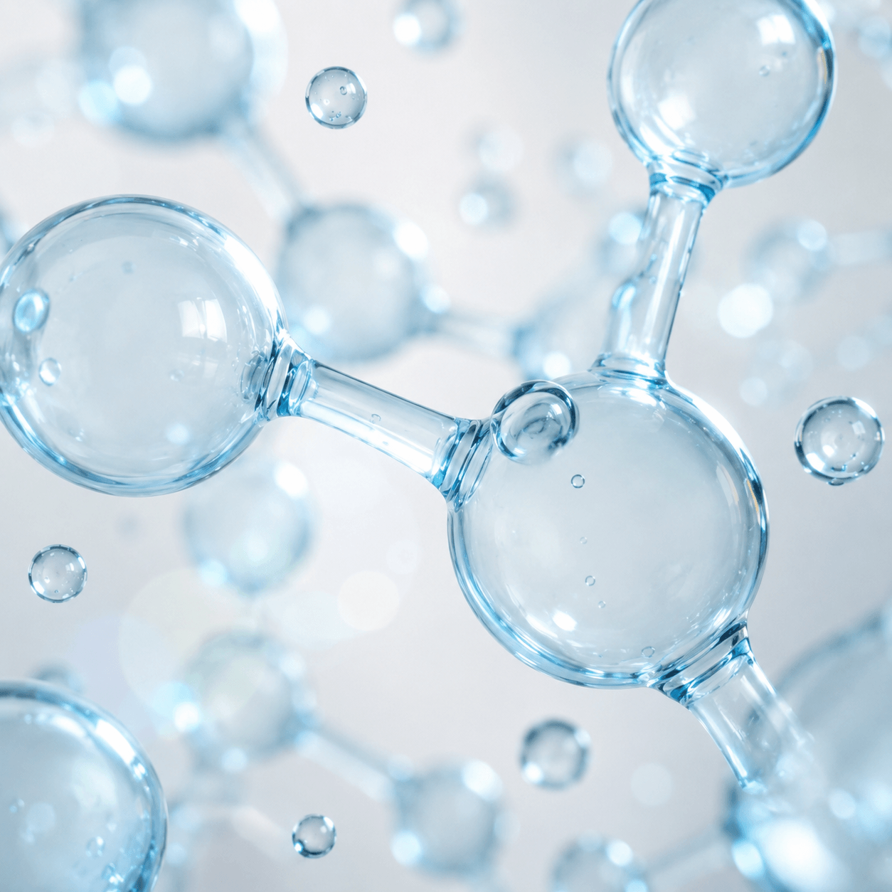 Macro close-up of translucent pale blue glass spheres fused into an irregular molecular structure with floating glass bubbles, shallow depth of field, and bright high-key lighting, creating a clean pharmaceutical and biotechnology aesthetic.