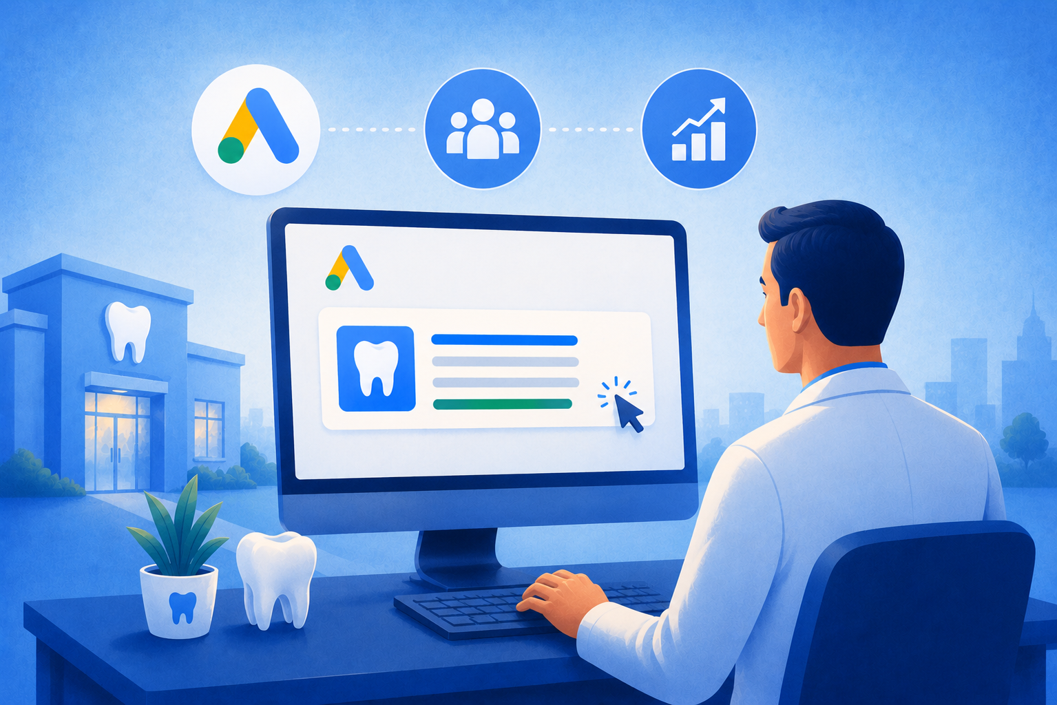 PPC for Dentists: How to Make Google Ads Work for Your Practice 2 Dentist using Google Ads to promote a dental practice, with icons representing patient growth and PPC advertising.