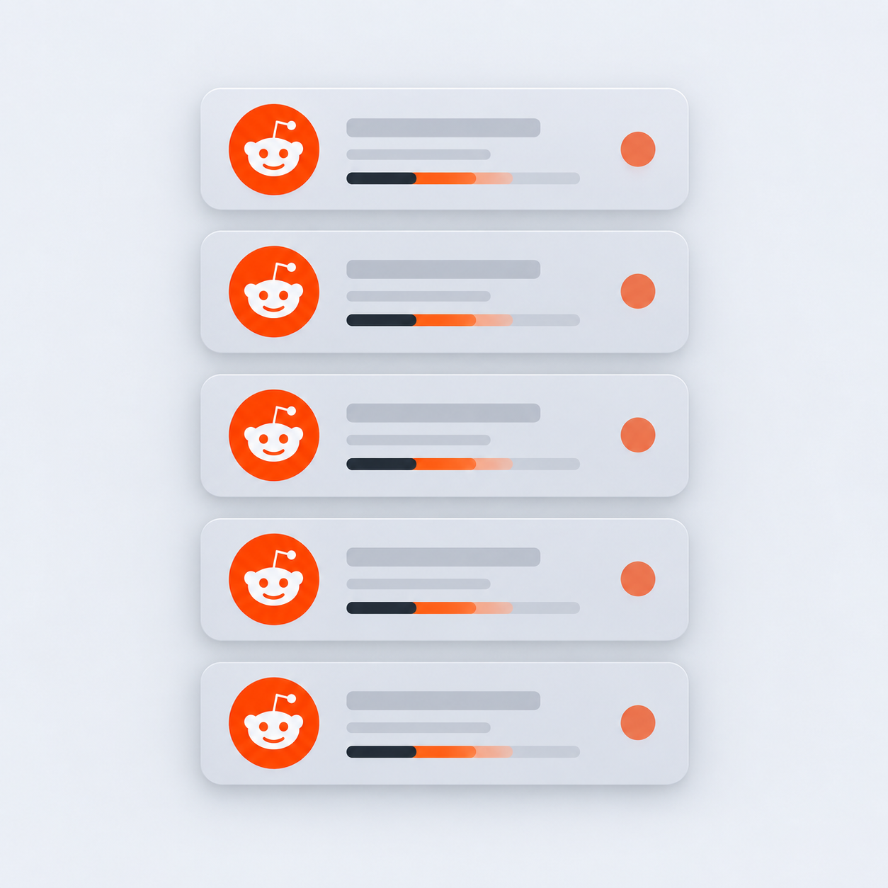 Five front-facing Reddit notification cards stacked vertically, with orange Reddit logos on pale grey backgrounds.