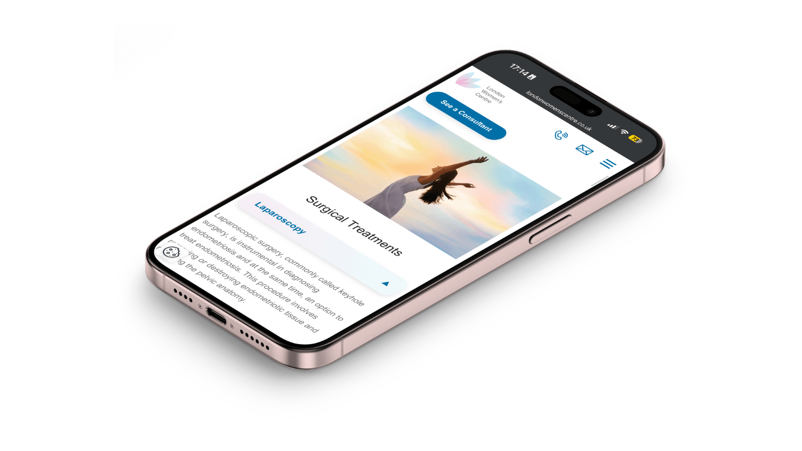 London Women's Centre 2 Angled smartphone mockup displaying a women's health clinic webpage titled "Surgical Treatments" with a laparoscopy section, consultation button, and a lifestyle banner image on a light gray background.