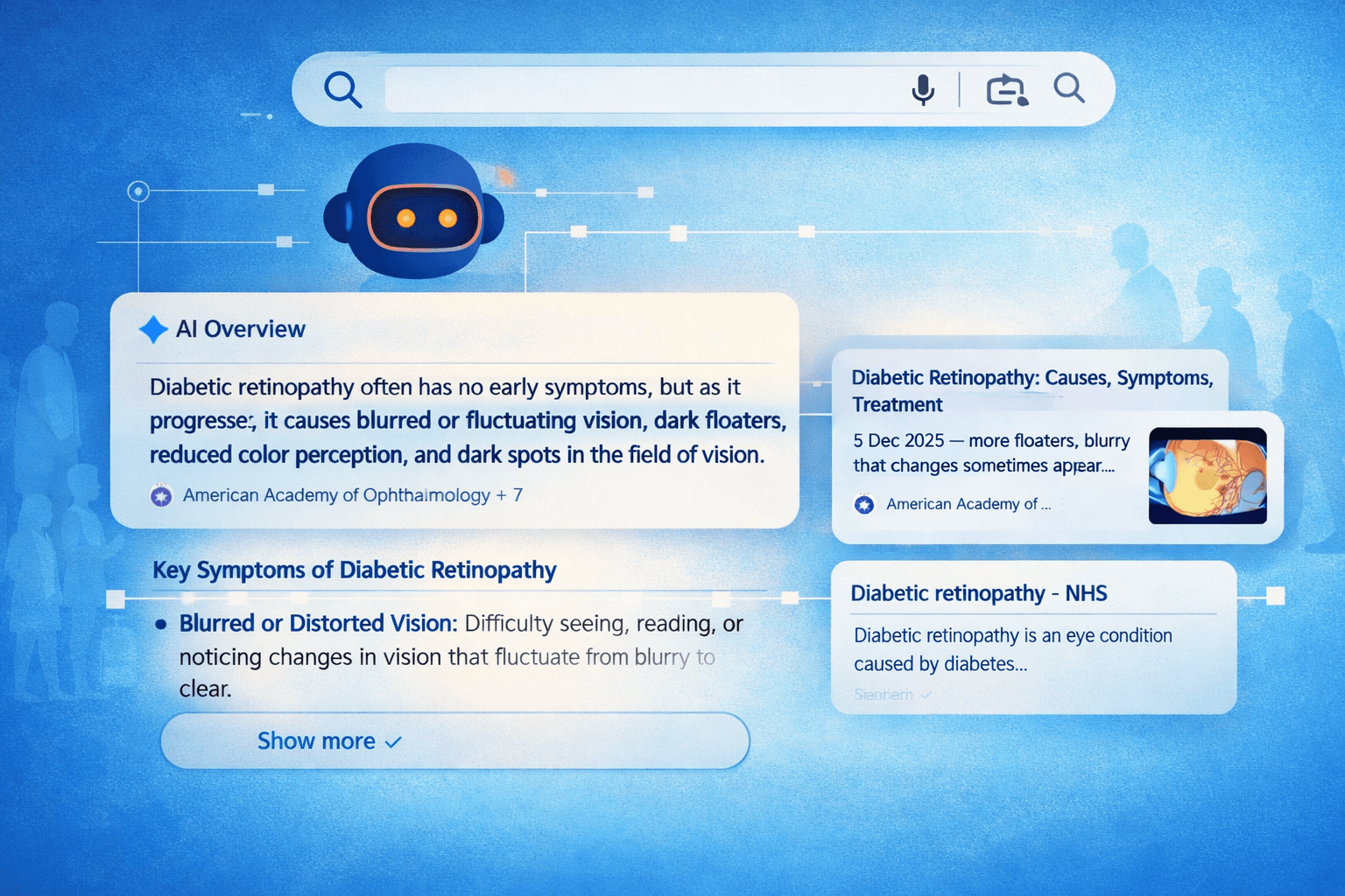 Healthcare SEO in the Age of AI: What's Changing, What Isn't, and What to Do Next 5 Stylised illustration of a zero-click AI search result for the query “symptoms of diabetic retinopathy”, showing an AI overview panel with highlighted symptoms and healthcare sources.